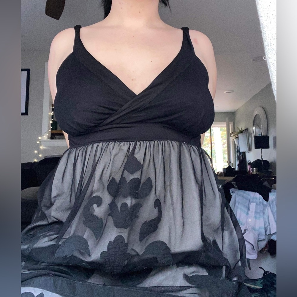 Womens INC 2X Formal Black and Nude Tulle Wrap Neckline Midi Dress